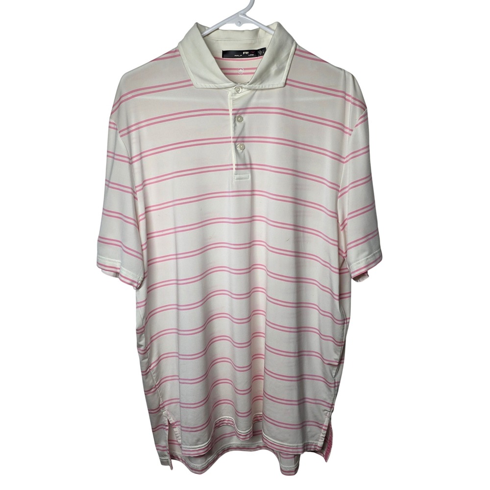 RLX Ralph Lauren Mens Large Pink White Striped Performance Golf Polo Shirt L